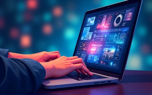 Person working on a laptop with various digital graphics displayed, representing digital journalism tools
