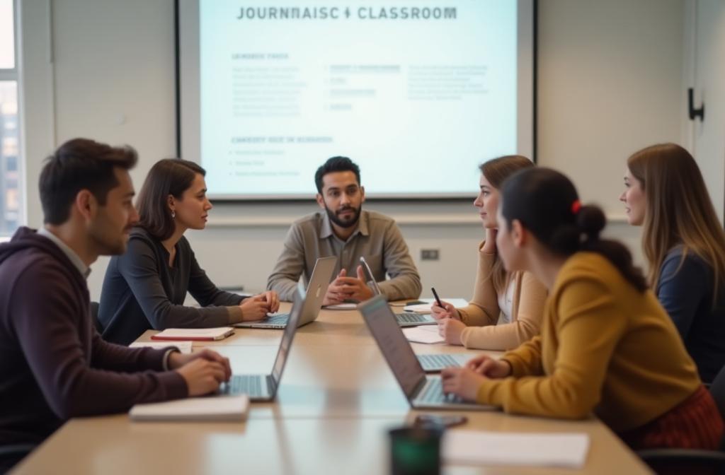 Students engaged in a journalism class discussion